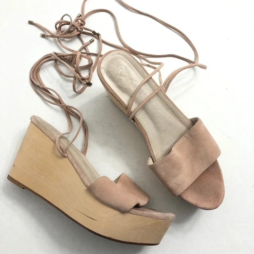 Raye Finley Ankle Tie Wedge Sandal in Ballet Pink Suede